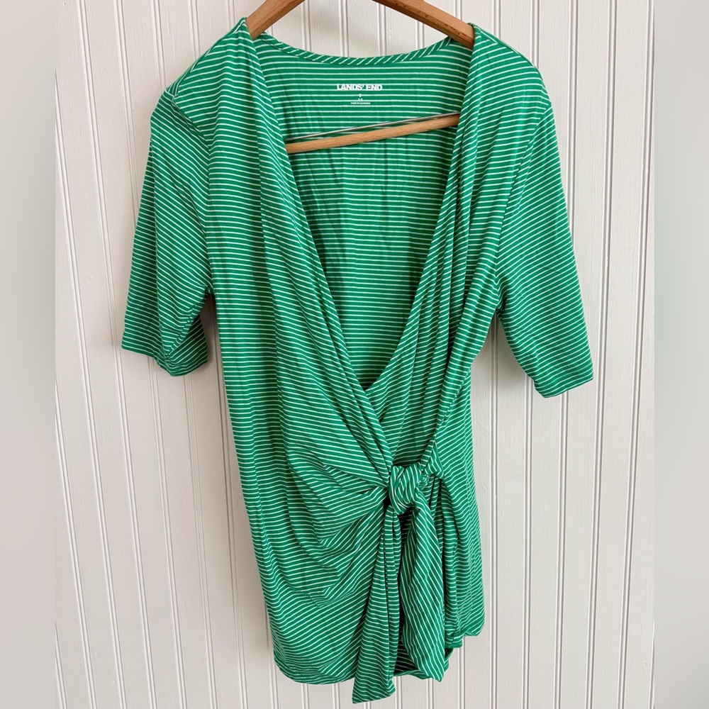 Lands' End Top Size Small Green Striped Top with Tie-Front Knot